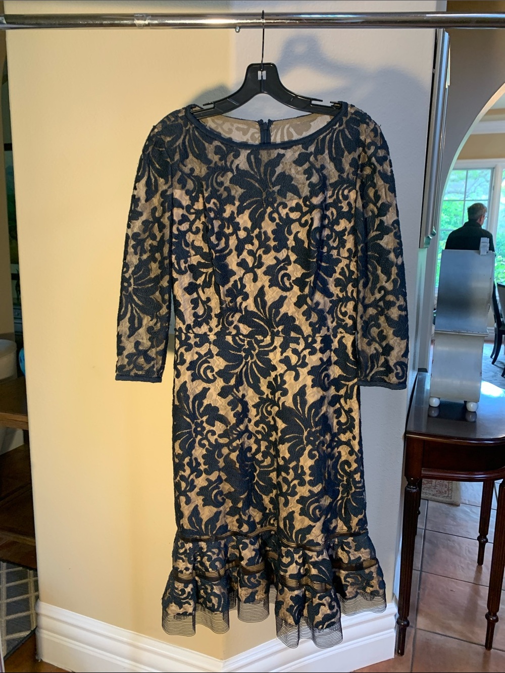 Tadashi Shoji Navy Lace Midi Dress with Cream Lining